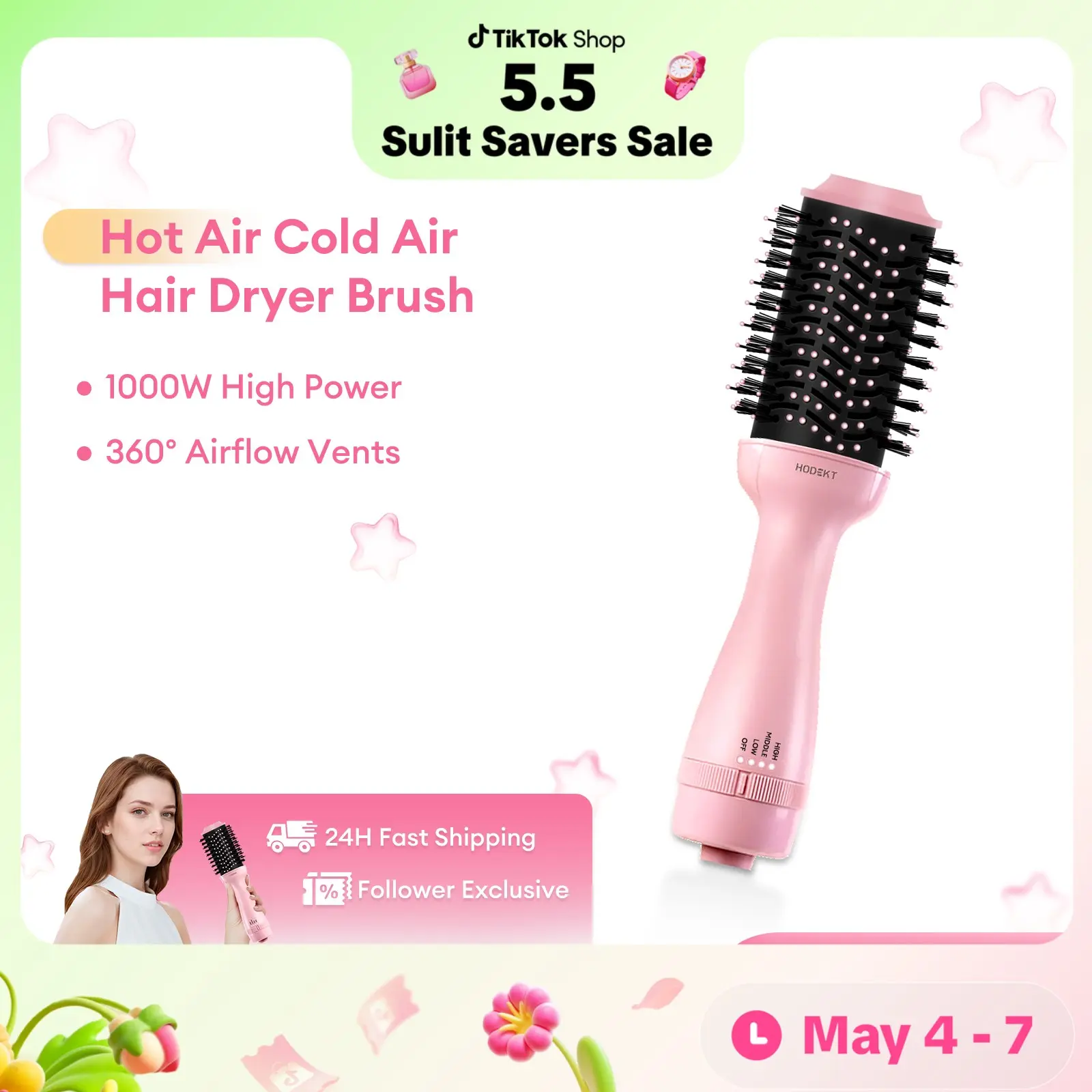HODEKT Hot Air Cool Air Brush Comb Hair Curler Hair Dryer 2 In 1 360 Rotation Multifunction Hair Straightner Curling Iron Adjustable Smooth Comfort Pink