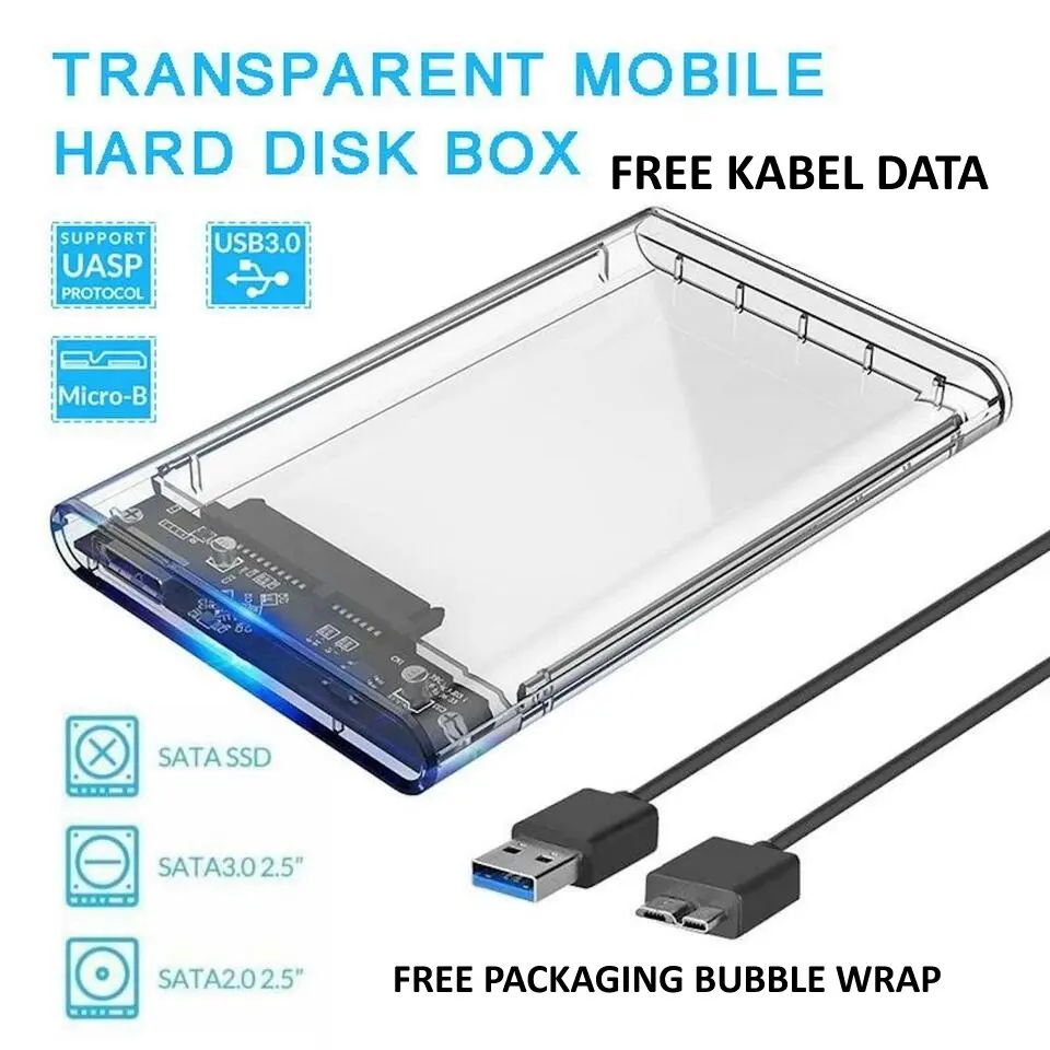Transparan Box Harddisk Eksternal USB 3.0 dengan Kabel Data Gratis & Dukungan UASP untuk SATA SSD dan SATA3.0 2.5"