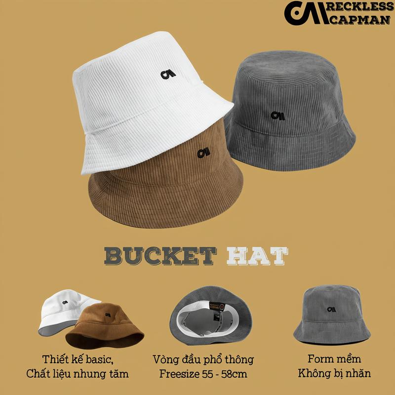 Capman Mũ Bucket Nhung Tăm RECKLESS CAPMAN CM182 Hat Voi Đinh Nón Tai Bèo Lưỡi Vàng Essentials Mũ Len Freesize Cho Nam Và Nữ