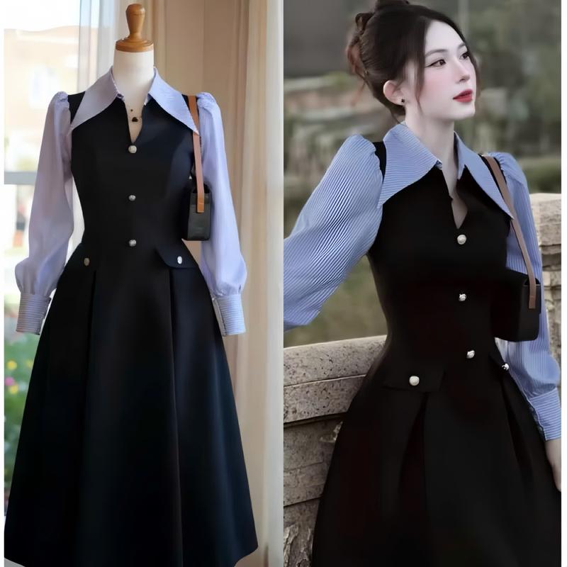 Mijustore M15 Váy Thiết Kế Sơ Mi Phối Kẻ Sọc Karo Công Sở Đính Nút Cao Cấp Vải Cotton Lạnh Mềm Mịn Phong Cách Sang Trọng 