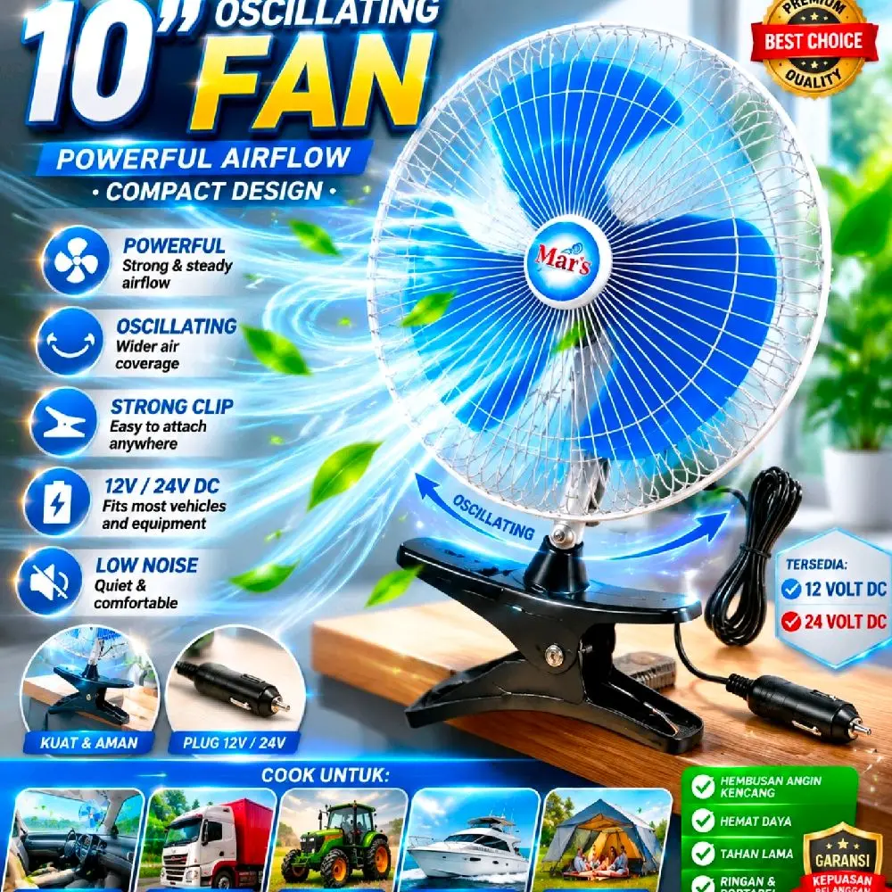 Kipas Angin Oscillating 10" di mobil dengan Aliran Udara Kuat dan Desain Kompak 12V/24V DC untuk Kendaraan