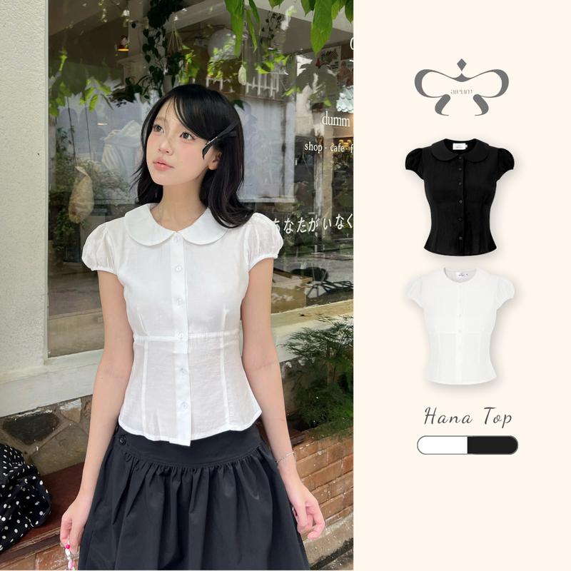  AREUM Áo sơ mi tay bồng cổ sen HANA Top dáng ôm 