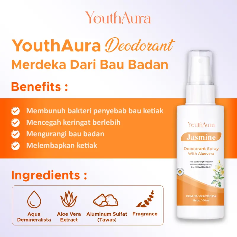 Deodorant Spray Tawas YouthAura BPOM Ampuh 100ml - Tahan Bau Badan dan  Ketiak 24 Jam deo  tawas spray deodorant ketiak 3