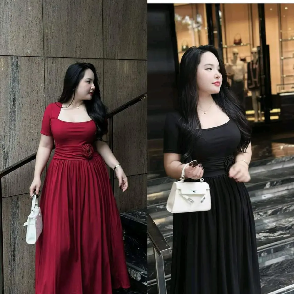 ĐẦM CỔ VUÔNG NHÚNG HOA XẾP LY THUN GÂN CÓ BIGSIZE