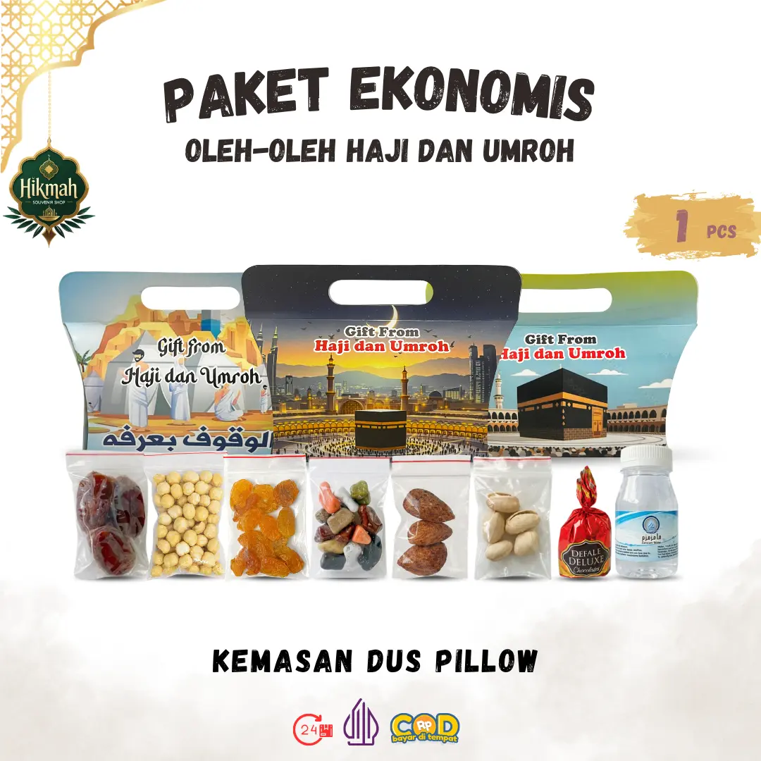 Paket Ekonomis Oleh-Oleh Haji dan Umroh 1 Dus Pillow Isi Kurma Kismis Kacang Arab Pistachio Cokelat Air Zamzam 30ml