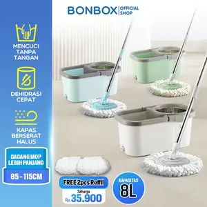 【New  Product】 BONBOX Alat Pel Lantai Ember 2 in 1 FREE KAIN PEL CADANGAN Kain Fiber dengan Ember Spin Mop Mencuci dan Membilas Alat Pembersih Lantai Ada Pembuang Air Otomatis [BCT3612B]