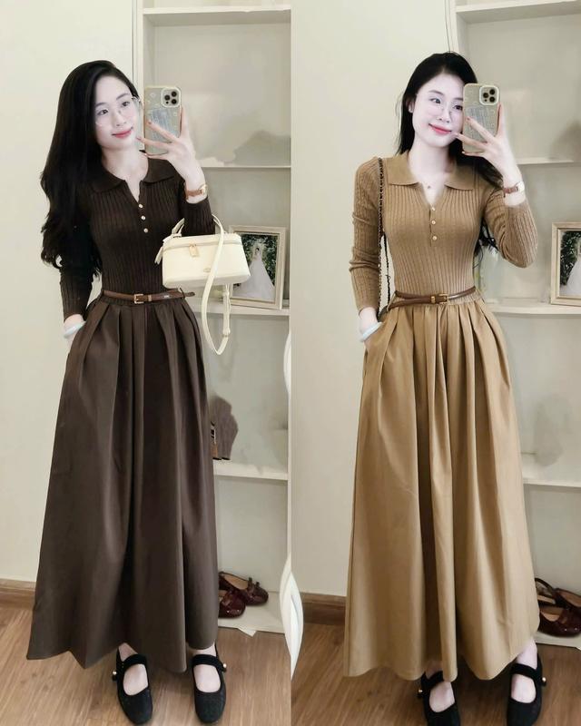 ( Tặng đai ) Váy Len Thừng Phối Vải Kaki Hàn Dáng Dài Dành Cho Nữ Dễ Mặc Cực Sang Chảnh by T.LINH STORE 68
