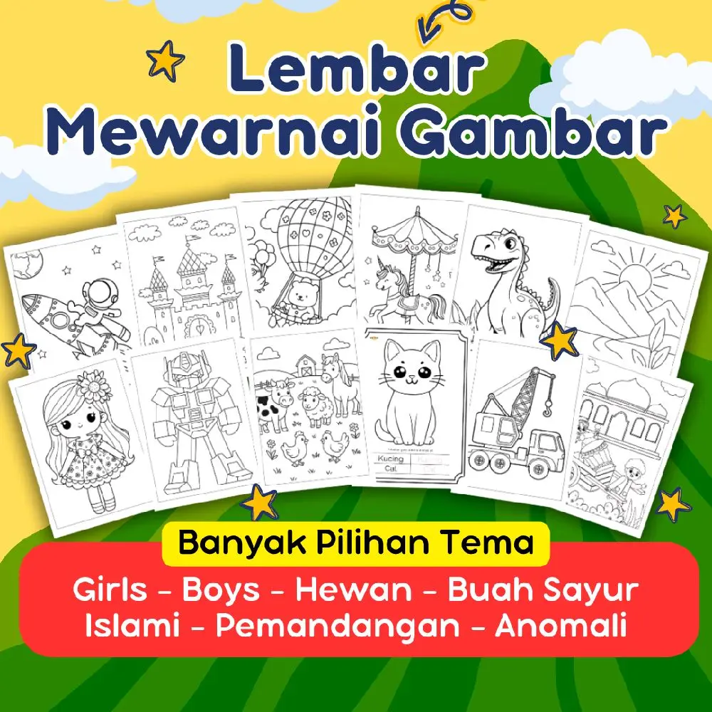 51 Lembar Mewarnai Gambar Anak Kertas Mewarnai Anak Pra Sekolah PAUD TK SD Gambar Belajar Mewarnai Hewan Buah Buahan Sayuran Pemandangan Fun Coloring Books dengan Pensil Warna