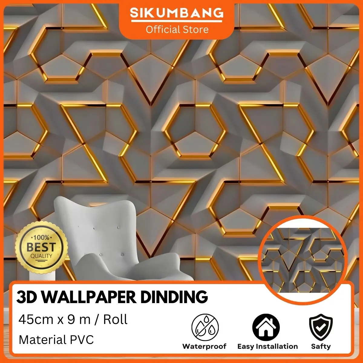 SIKUMBANG Wallpaper Stiker Dinding Kamar Bahan Pvc Motif Efek Abstraksi Geometris 3D Putih Hitam Glossy