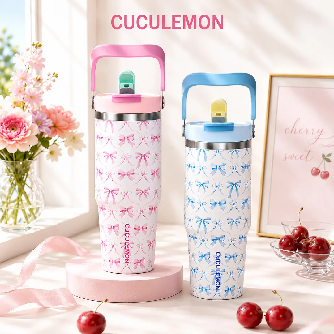 CUCULEMON Termos Botol Minum 900ML Tumbler Stainless Motif Pita Pink Lucu Vacuum Insulated Anti Kebocoran 100% Bahan Baja 304 Aman & Nyaman