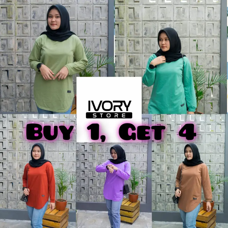PROMO..!!! 100K dpt 4 pcs random dengan warna yang berbeda-beda atasan polos lengan panjang rib bawah oval. 0