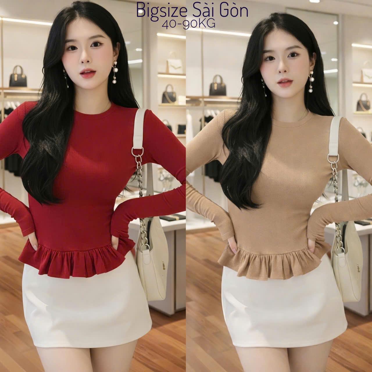 Áo Thun Tay Dài Thu Đông Cổ Tròn Phối Bèo Eo Vải Thun RuBy Dày Dặn Thanh Lịch Cho Nàng 40-90Kg Dễ Thương Nữ Women Top Nhung - B.1737