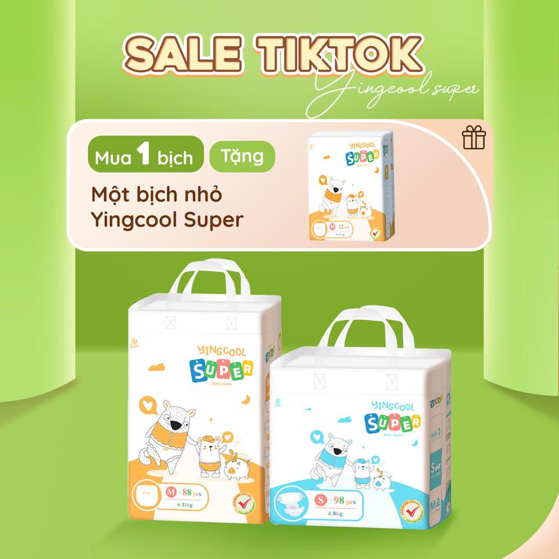 [ TẶNG 01 BỊCH YINGCOOL SUPER NHỎ - 01 Bịch ] Bỉm YINGCOOL SUPER Size NB104/S98/MD92/MQ88/L80/XL76/XXL72/XXXL72 tã sơ sinh cho bé Nam Nữ
