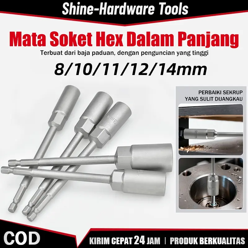 5PCS Mata Socket Hexagonal 8/10/11/12/14mm Mata Kunci Shock Panjang 15cm Hex Soket Nut Adaptor Socket Roofing