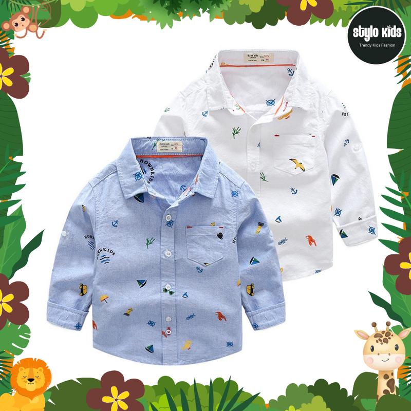 Baju Shirt Kemeja Fashion Anak Laki-Laki Lengan Panjang Warna Biru Dan Putih 8