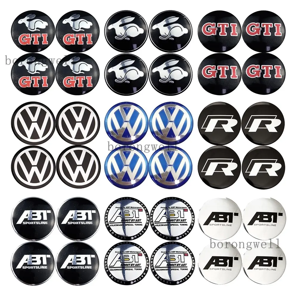 4pcs 56mm Car Wheel Center Hub Cap Sticker Cover Metal Case Auto Car Care Tire Accessories Emblem Badge Decal Stickers Decorative Fits Volkswagen GTI Rabbit ABT Rline VW Golf Eos Jetta Passat Scirocco Lavida Sharan Santana Magotan Tiguan
