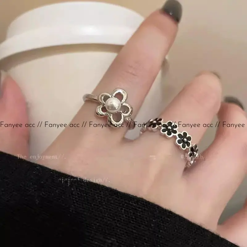 【Fanyee】Cincin Perak Bunga Kecil Berhias Mutiara, Teknik Enamel Retro Elegan Terbuka Dapat Disesuaikan L309