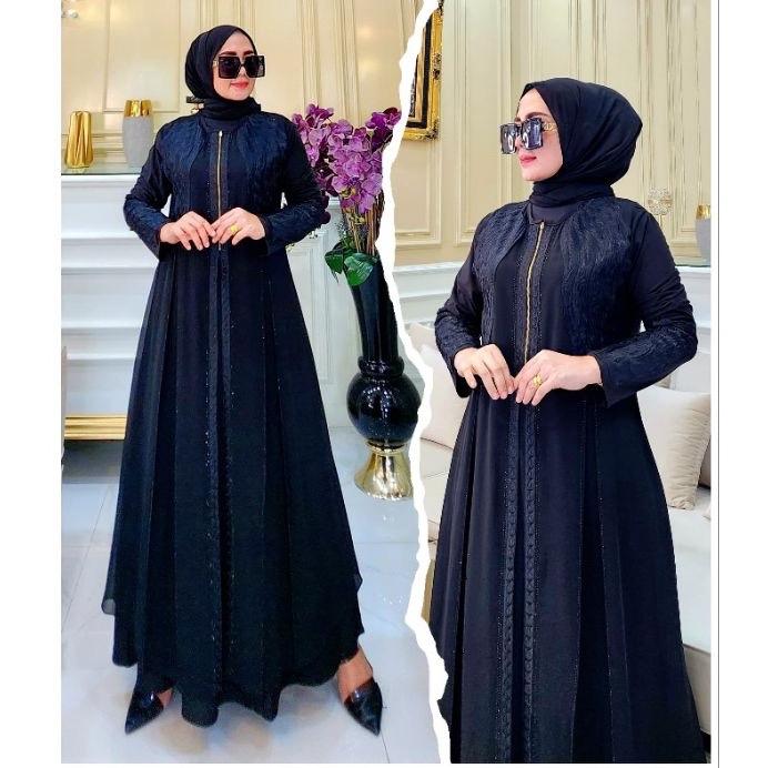 (COD)Gamis Abaya Arab SHANIA Motif Bordir Jersey Mix Ceruty Mote Swarosky Terbaru Muslim Hitam Turki Mewah 6