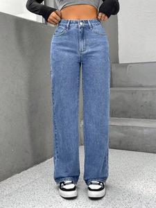 Vaqueras mujer outfit Mezclilla Vaqueros para Mujer Corte Recto Azul  Cintura Alta Elástica Lavado Claro Algodón Casual Primavera Otoño Unicolor ropa vaquera de mujer