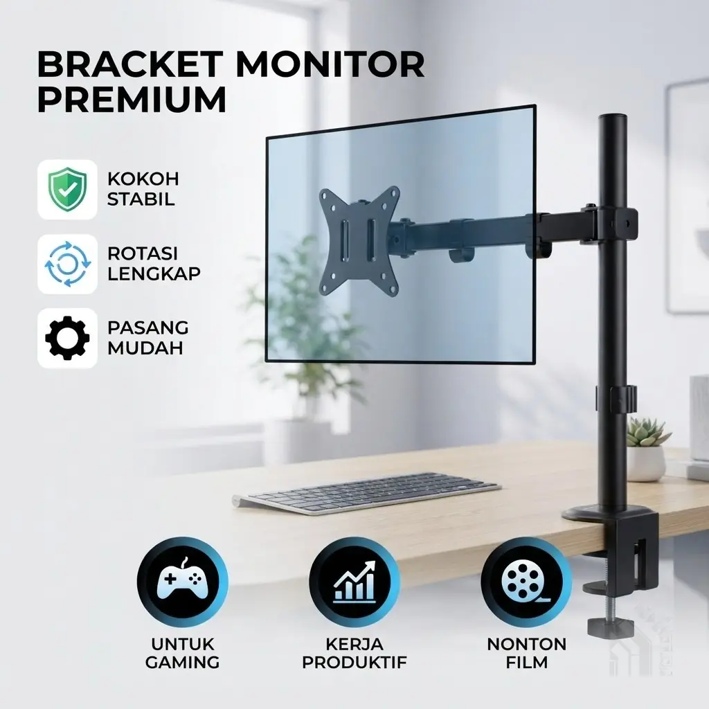 Bracket Dudukan Monitor Meja Penyangga Layar Komputer TV Ukuran 10-27 Inci VESA Mount 75x75 100x100 Ergonomis Fleksibel Rotasi 360 Derajat Swivel Tilt Stabil Kuat Bahan Besi untuk Kerja Gaming Nonton Film
