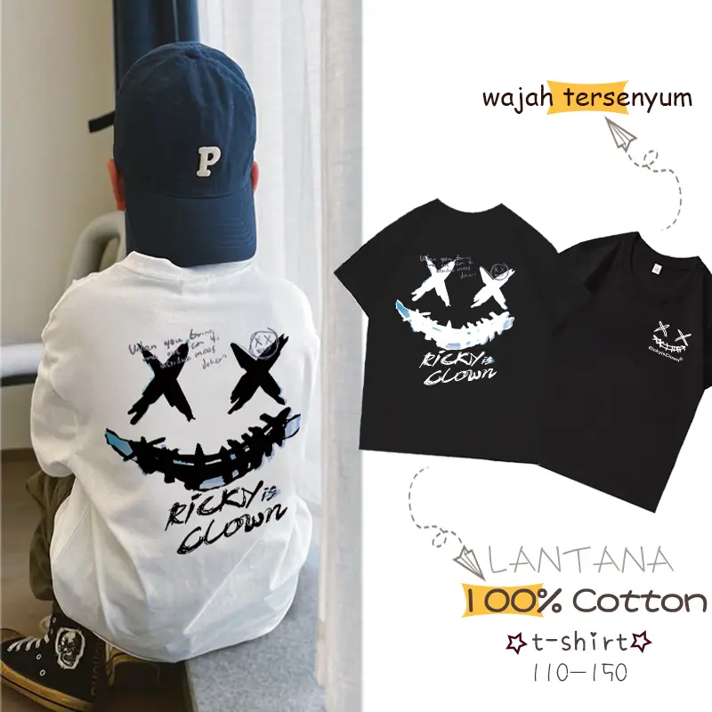 LANTANA Kaos Anak wajah tersenyum 4-12 Tahun P0101 Pola Fashion Cetak 100% Cotton Combed Menjadi Tren Besar Tahun Ini oversize T-shirt