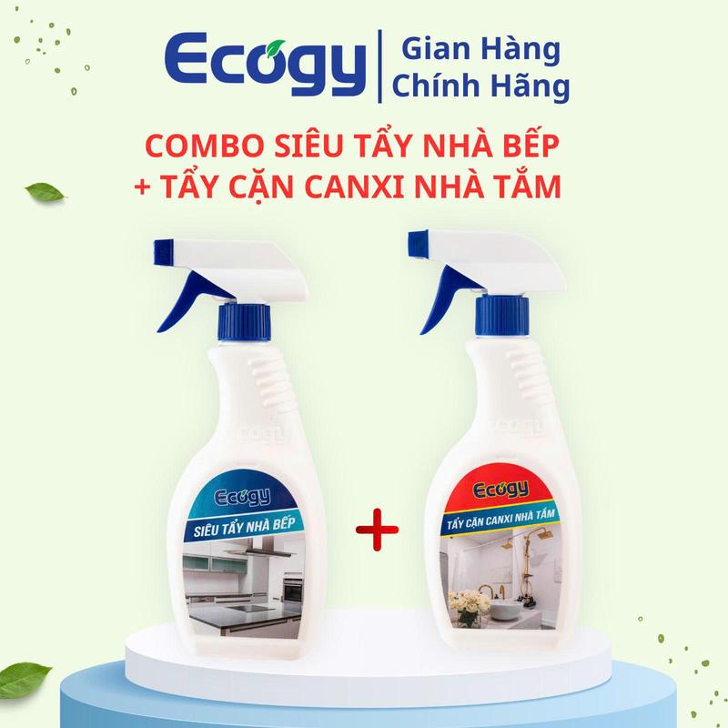 [ECOGY]; COMBO 1 chai Siêu tẩy nhà bếp 500g + 1 chai Tẩy cặn canxi nhà tắm 500g; Hỗ trợ làm sạch vết dầu mỡ, vết cháy dầu mỡ trên bề mặt xoong chảo, bếp, máy hút mùi; Làm sạch cặn canxi  trên thiết bị nhà tắm.