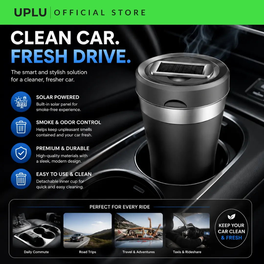 UPLU Solar Power Smart Car Cup Holder dengan Fungsi Asbak Pintar Tenaga Surya Lampu LED Otomatis Material Tahan Panas Pemasangan Mudah