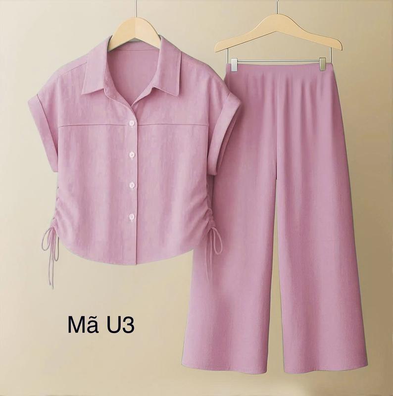  sét Đồ Nữ Sơ Mi 10 Màu  dây rút eo 2 bên,Tay hến Quần Ống Suông Lưng Thun Phía Sau  trẻ trung Chất Liệu Đũi Tơ Xước Đã Qua Xử Lý Không Co Rút Phù Hợp Nhiều Phong Cách Thời Trang 