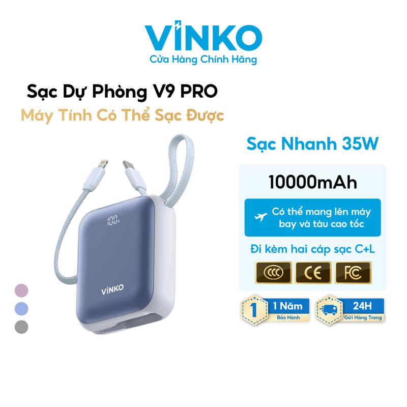 Live Sạc dự phòng VINKO V9 PRO chứng nhận 3C, 10000mAh 35W, tích hợp dây cáp sạc Type-C & Lightning for iPhone Samsung