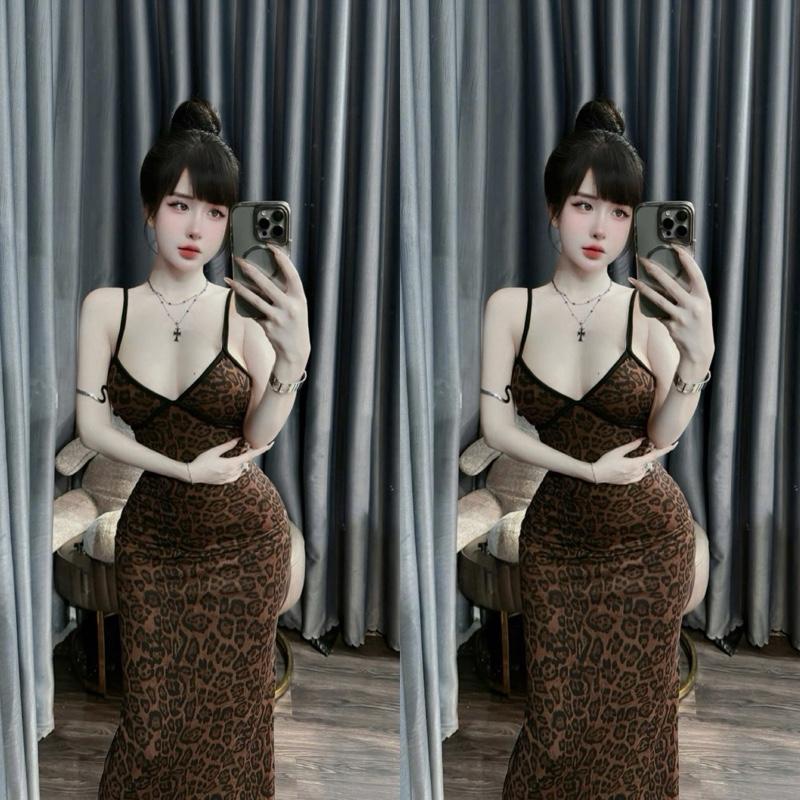 Đầm body 2 dây cổ tim hoạ tiết beoo nâu dáng dài basic dành cho Nữ -H101