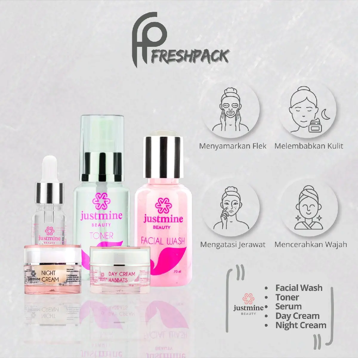 Paket NIGHT GLOW Justmine Beauty untuk Kulit Kusam  Perawatan Wajah Mencerahkan