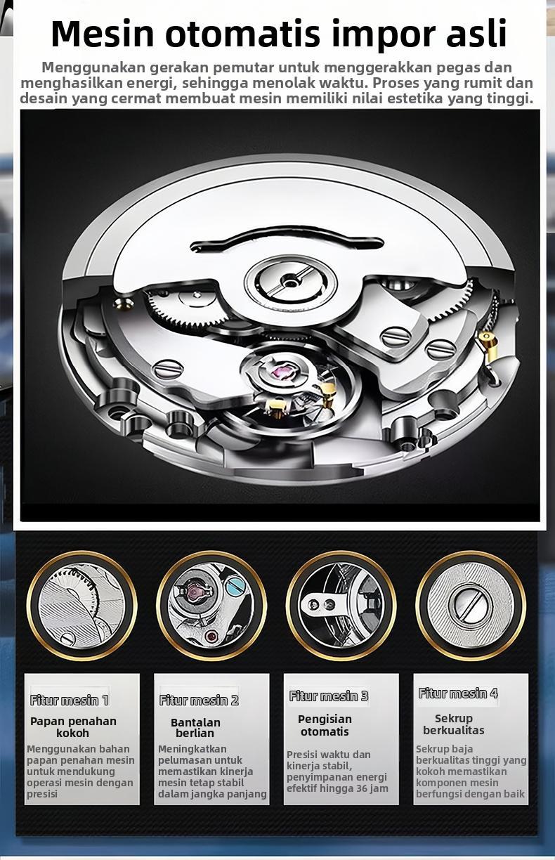 AIYISHI Jam Tangan Pria Mewah & Sporti 1623 Multifungsi Tahan Air 30M Dial Hitam Bodi Stainless Steel Garansi 2 Tahun Kaca Kristal Kuarsa Otomatis