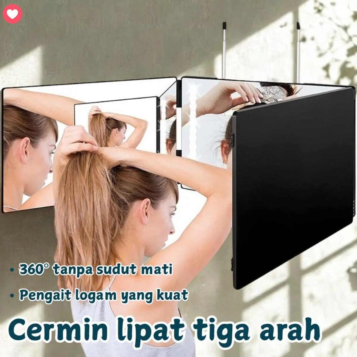 Cermin Rias Lipat 3 Sisi Dilengkapi Lampu LED Sudut Pandang Bisa Diatur Model Gantung Dinding Portable Cermin Kecantikan Untuk Rumah Kamar Tidur Perjalanan