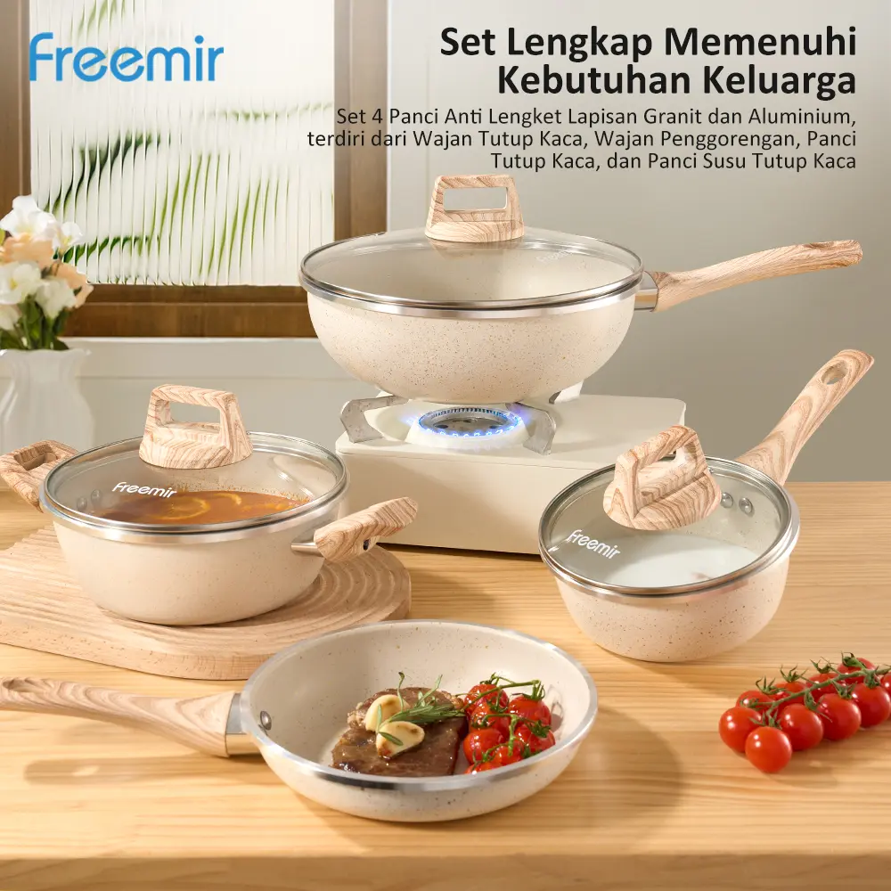 [SPECIAL LIVE]  freemir 4 Pcs Set Wajan Panci Anti Lengket Super Wok Pan Premium Beige Tutup Kaca Original Jumbo Besar Lengkap 1 Set Kitchenware