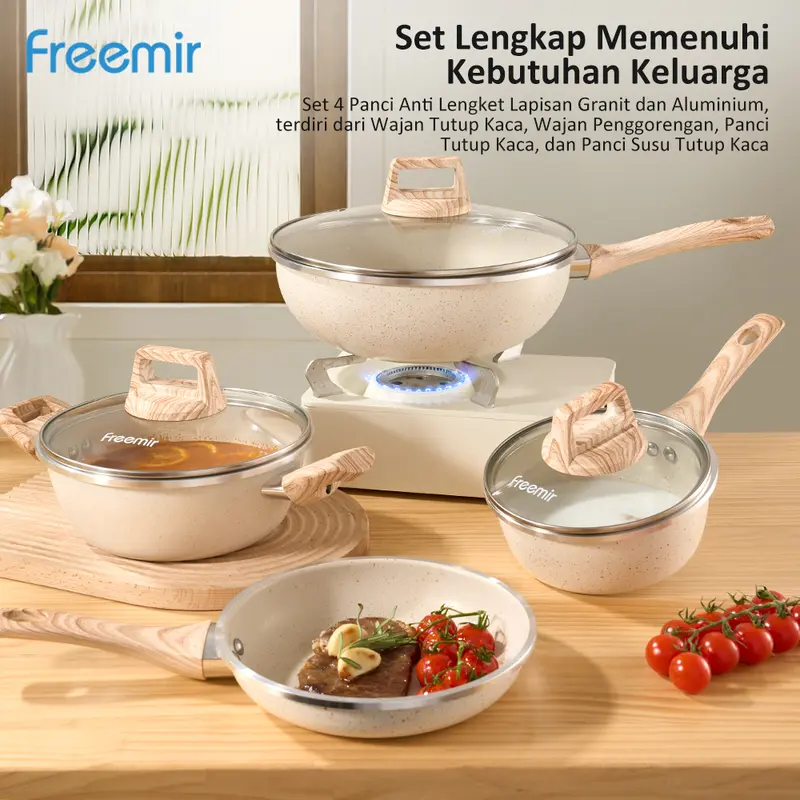 [SPECIAL LIVE]  freemir 4 Pcs Set Wajan Panci Anti Lengket Super Wok Pan Premium Beige Tutup Kaca Original Jumbo Besar Lengkap 1 Set Kitchenware 2