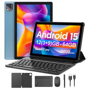 10.1インチ Android 15 タブレットPC、クアッドコアプロセッサー、3GB RAM＆64GB ROM、キーボード・マウスセット付き家庭用ワイヤレスオフィスデバイス