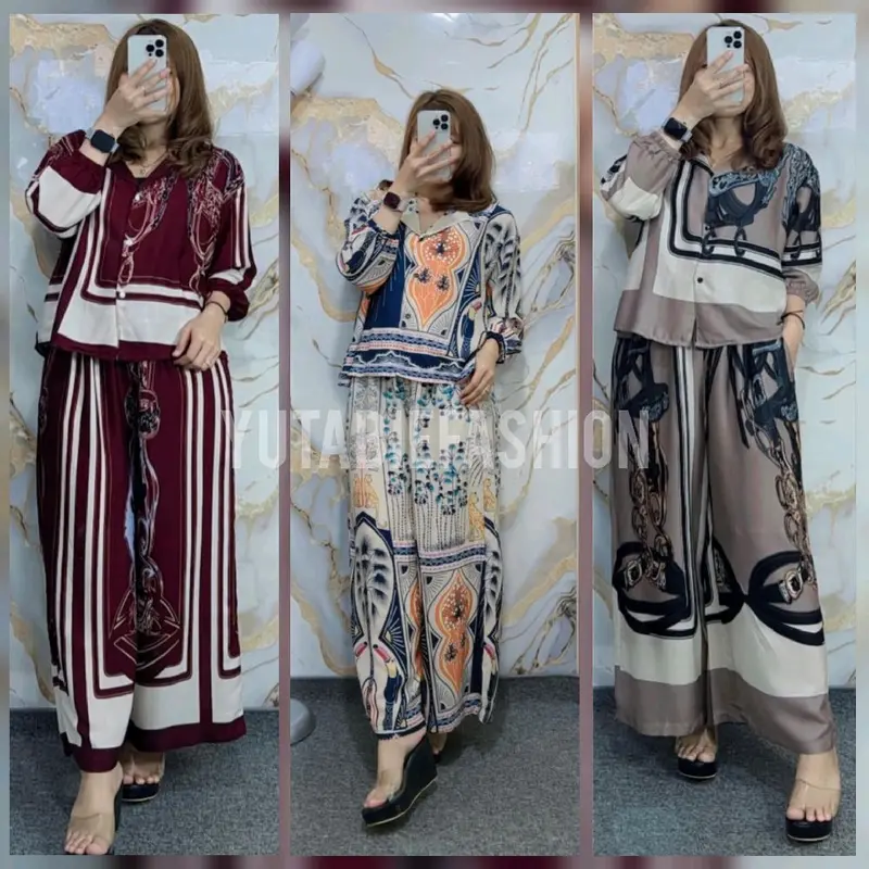 ONE SET CROP SETELAN CELANA KULOT WANITA HIGHTWAIST LENGAN 7/8 RAYON PREMIUM BUSUI FRIENDLY KANCING - SETELAN MOTIF CELANA KULOT BARU 0