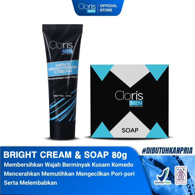 Clorismen Paket Hemat Cloris Men Soap 80g & Brightening Cream - Skincare Perawatan Wajah Pria Pembersih Muka Krim Pelembab Memutihkan Cerahkan Mengecilkan Pori-pori 0