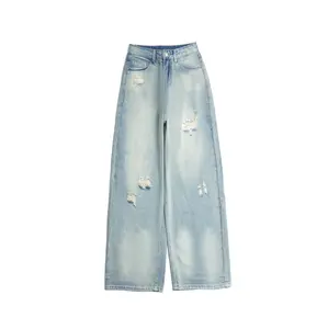 Adorela-Jeans 8841- LOOSE RIPPED JEANS HIGHWAIST Celana Wanita Kaki Lurus Nyaman Fit Retro Amerika Hitam Panjang Musim Gugur 2025