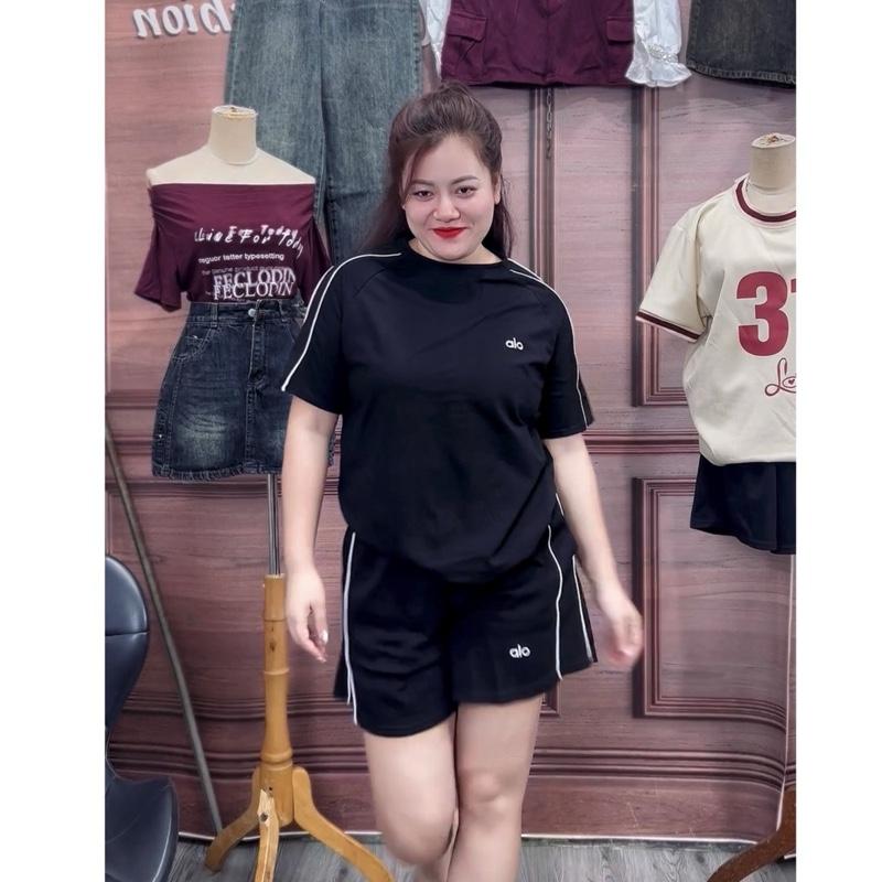 30502 BIGGSIZE Set bộ nữ Áo thun phối viền thêu chữ nhỏ kèm quần short cạp chun 2 viền