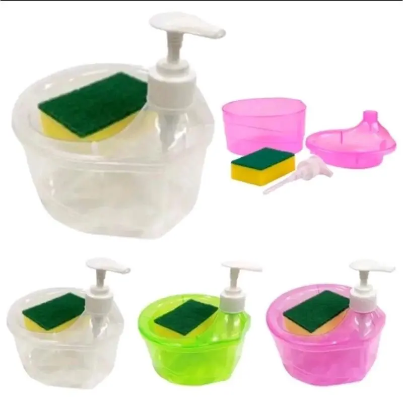 Paket Tempat Sabun Cuci Piring + Spon Dispenser Sabun Cair 2in1 Wadah Bulat Plastik ABS 800ml Tahan Lama Praktis untuk Dapur dan Kamar Mandi