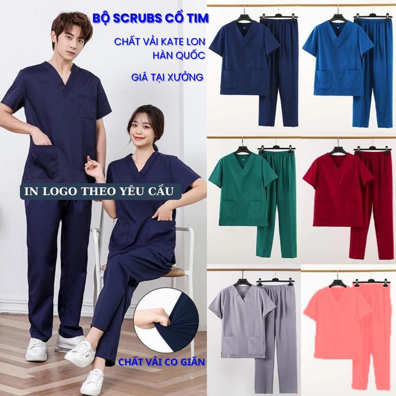 Bộ Scrubs, Bộ Cổ Tim Bác Sĩ, Bộ Spa Thẩm Mỹ Chất Vải Kate Lon Nhật có co giãn, Hỗ trợ In Thêu Từ 1 Bộ