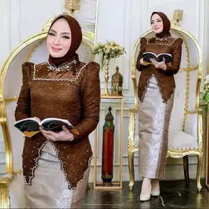Av Free Hijab Kebaya Modern Berpayet Terbaru Set Kebaya Lamaran Pesta Biru Elegan dengan Payet Cantik Songket Lilit Wisuda Wanita Dress Setelan Baju Brokat