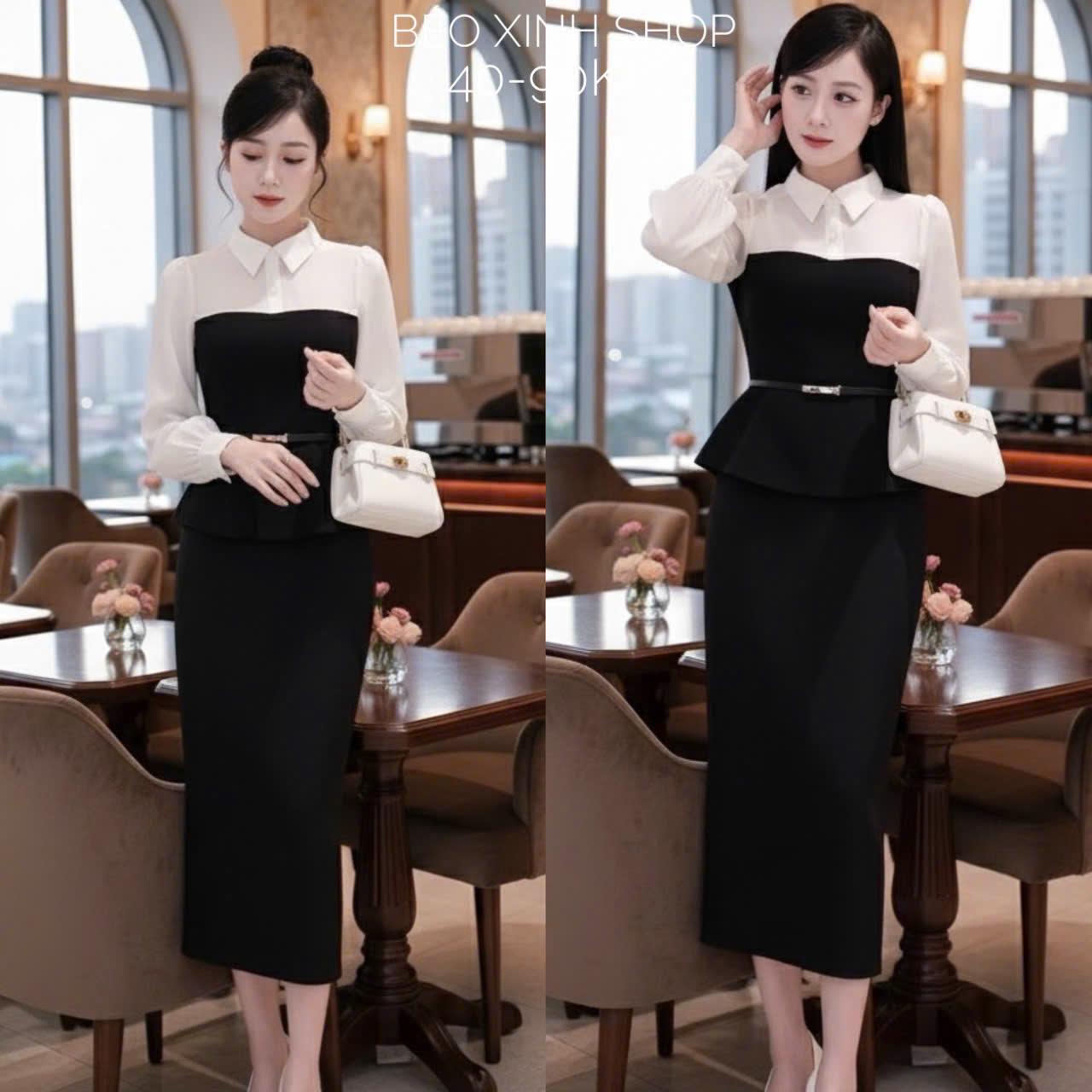 Đầm Dự Tiệc Thiết Kế Phối Cổ Sơ Mi Trắng Kèm Thắt Lưng (Vải Tuyết Mưa) Cao Cấp Thanh Lịch Sang Trọng Cho Các Nàng Bigsize 40–90kg Thời Trang Nữ Béo Xinh Shop - A.1634