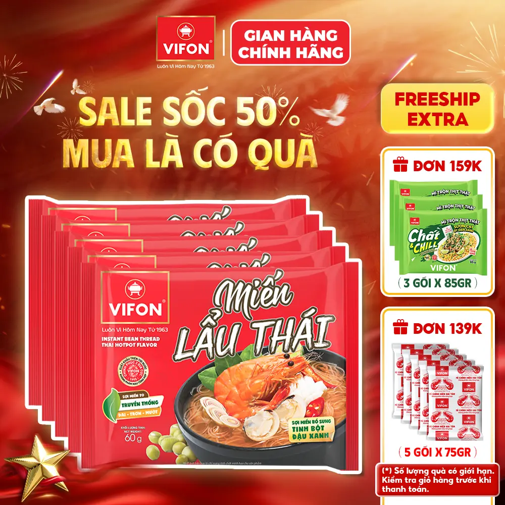 [VOUCHER HOT 10%] Set 5/ Set 10 gói Miến Lẩu Thái / Măng Vịt/ Sườn Heo VIFON 60gr / Gói