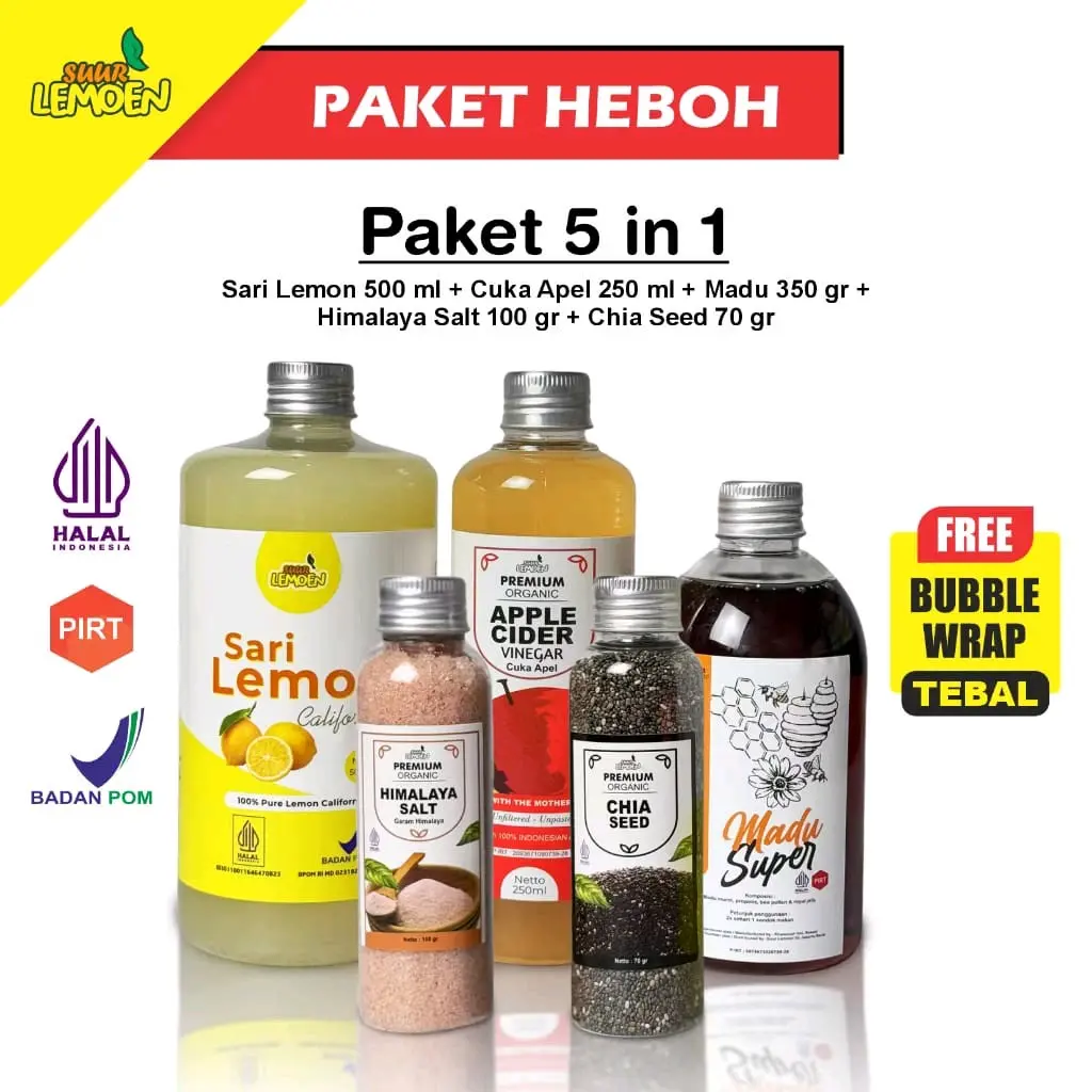 SUUR LEMOEN PAKET 5 IN 1 CUKA APEL 250 ml + SARI LEMON 500 ml + MADU HUTAN 350 gr + CHIA SEEDS 70 ml + GARAM HIMALAYA 100 gr