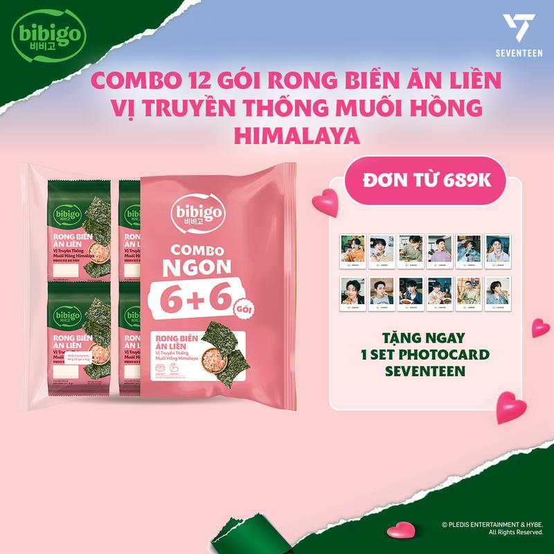 [ĐƠN 689K TẶNG 1 BỘ SEVENTEEN] Túi 12 gói Rong biển ăn liền lá kim truyền thống muối hồng Himalaya BiBiGo ( 1 túi = 12 gói)