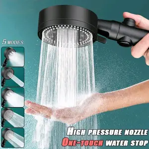 Kepala Shower Hitam 5 Mode Pancuran Hand Shower Diameter 9 Cm Tinggi 25 Cm Desain Minimalis 5 Mode Air Mewah dengan 5 Mode Berdenyut Campuran Semprot Curah Hujan dan Pijat untuk Kamar Mandi Minimalis