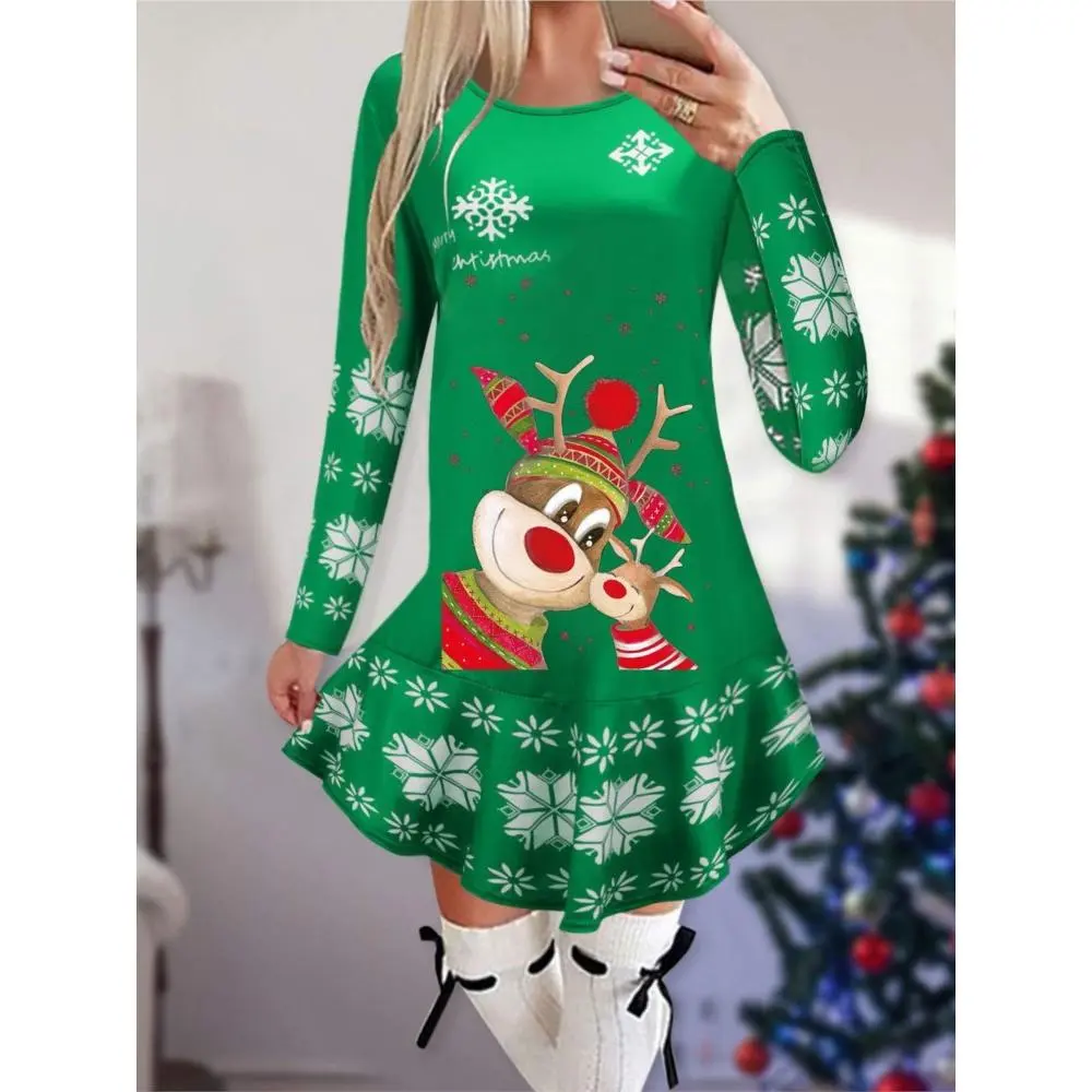 Autumn Winter Women's Print Christmas Dress Fashion O Neck Long Sleeve Party Dresses Casual Elegant Female Mini Dress New