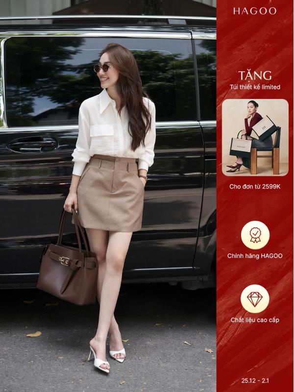 Chân váy nữ 2 hai cạp dáng ngắn HAGOO 3 màu Đen Ghi Nâu công sở thanh lịch CV703